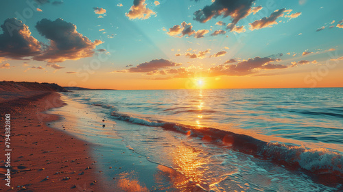  Golden sunset casting rays over a peaceful beach with gentle waves.