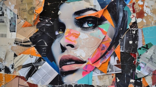 Colorful Collage Portrait of a Woman's Face Painted on a Wall with Vibrant Pieces of Paper