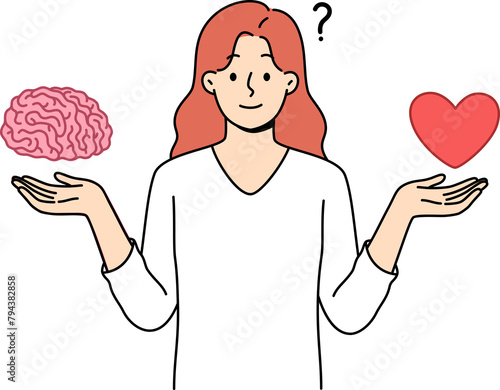 Woman tries to balance between getting education and romantic relationship, holding heart with brain in hands. Choosing life priorities and balance between instinct or intellect when making decisions
