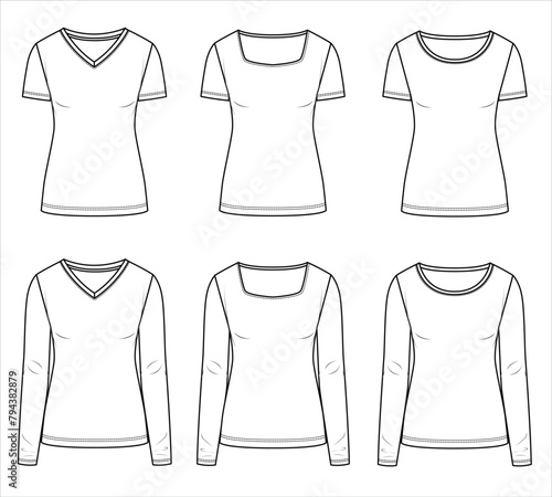 Vector short sleeved T-Shirt fashion CAD, woman round, square and V neck long sleeved top technical drawing, template, flat, sketch. Jersey fabric 6 pieces set t-shirt with front view in white color