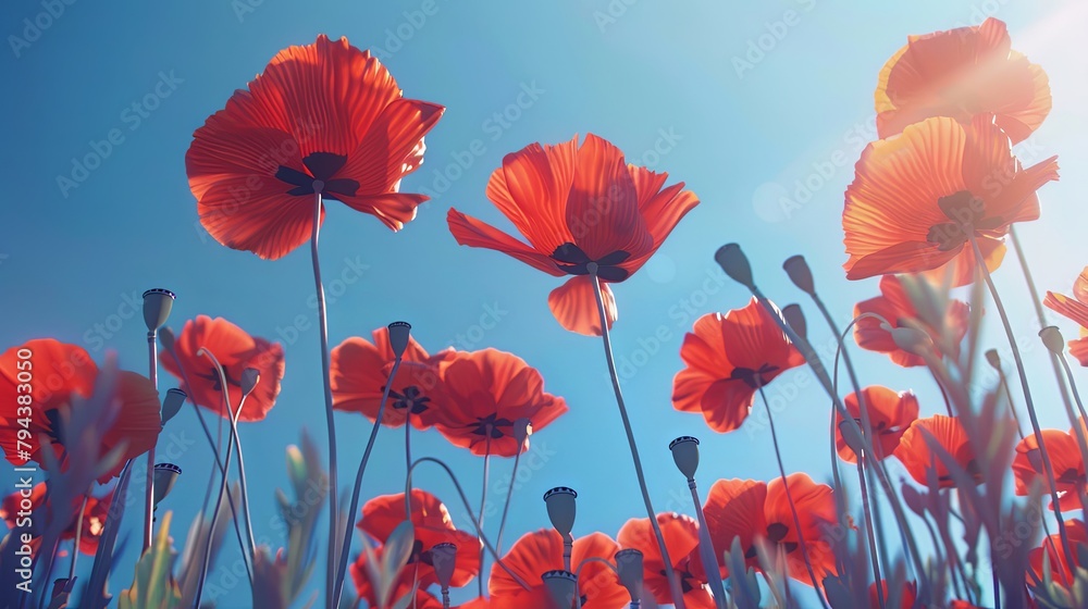 Obraz premium Delicate Red Poppies Clear Blue Sky Contrast