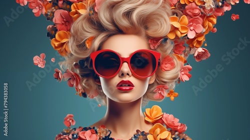 Trendy woman wearing huge sunglasses. Creative clip art collage.