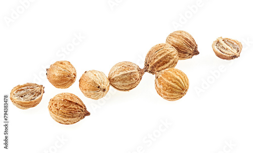 Group of dried coriander seeds isolated on a white background, macro.