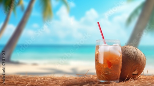 Tropical beach with sea coconut drink on sand, summer holiday background. Travel and beach vacation, ad banner, web digital header template. photo