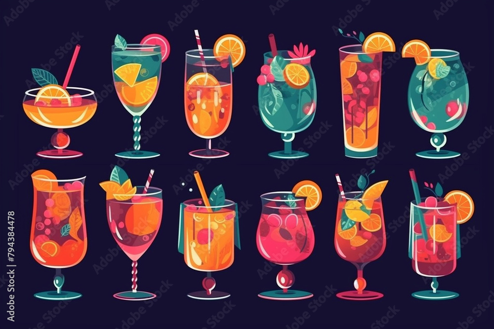 Cocktail collection in flat style - set of illustrations with different drinks and cocktails Cocktail collection in flat style - set of illustrations with different drinks and cocktails