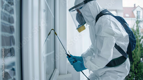 An image of a pest control contractor spraying a corner of a flat, dressed in protective gear