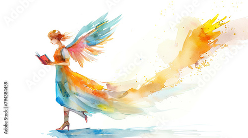 Woman walking while reading a book with wings on white background in watercolor style.