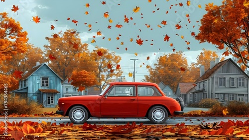 Autumn scene: A red car cruises through a charming midwest town. Concept Automotive Photography, Small Town Aesthetic, Autumn Vibes, Cozy Atmosphere