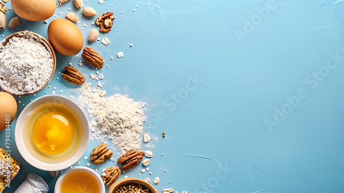Bakery background frame, Fresh cooking ingredients egg, flour, sugar, butter, nuts over blue background, Spring cooking theme, Top view, copy space
