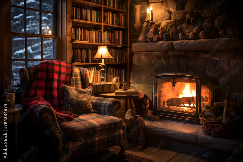 Naklejka premium cozy cabin with stone walls and a fireplace