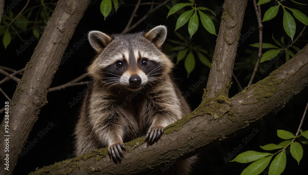 Obraz premium Curious Raccoon Peeking Through Tree Branche