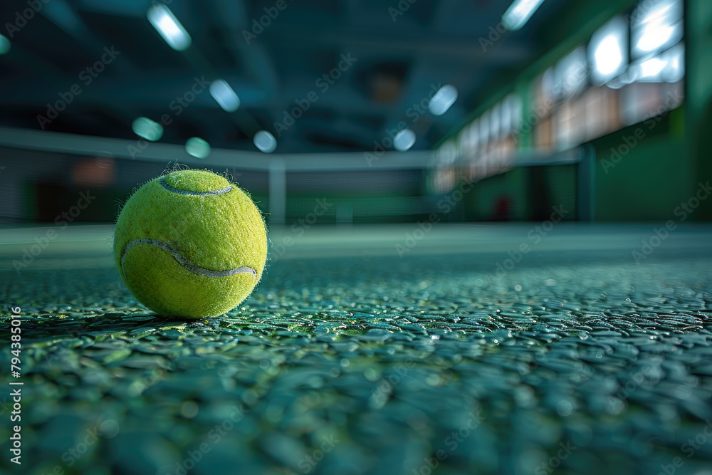 Tennis ball on hard court under sunlight