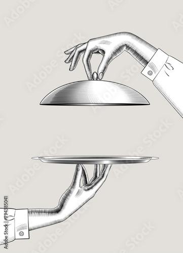 Two female hands holding a cover of a cloche tableware and a round tray. Vintage engraving stylized drawing. Vector illustration © Raman Maisei