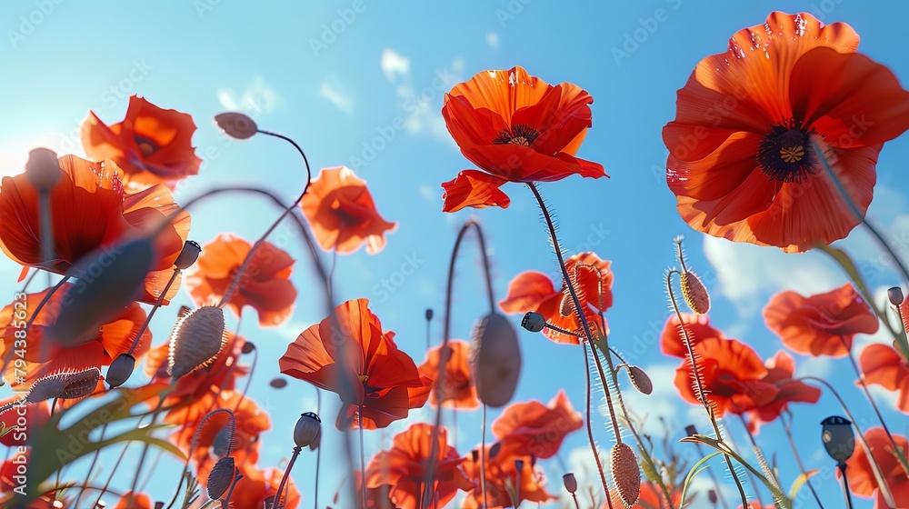 Delicate Red Poppies Clear Blue Sky Contrast Delicate Red Poppies Clear Blue Sky Contrast