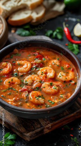 delicioius Shrimp Creole Soup, Slow-simmered delicious traditional gumbo stew with seafood chicken sausage and vegetables cooked in tomato sauce with vegetables. photo