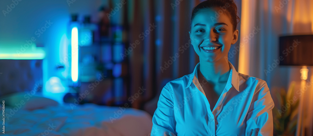 Fototapeta premium housekeeper standing on hotel room background