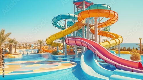 Vacation aquapark with empty colorful waterslides sea view and sunny day Water slide with children pool summer fun activity holiday entertainment.