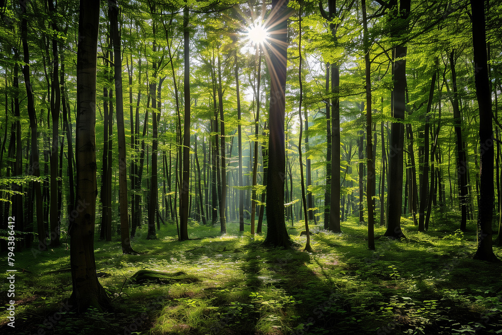 Fototapeta premium Wald Panorama mit Sonnenstrahlen