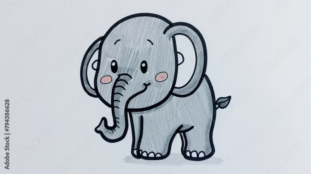   A depiction of an elephant against a white backdrop, featuring pink eyes and curved tusks atop its head