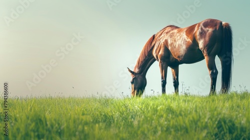 A beautiful brown horse is grazing in a lush green field on a sunny day photo