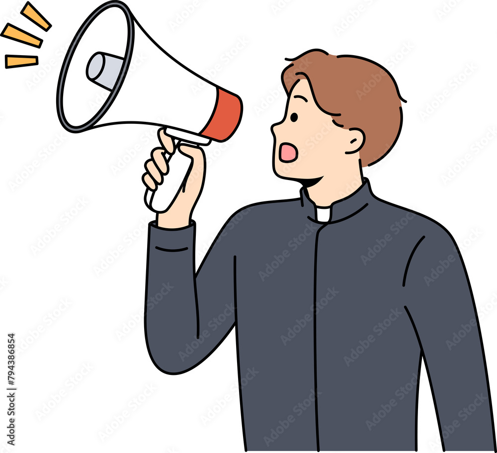 Man shepherd shouts into megaphone, announcing start of religious sermon in catholic religious church. Guy dressed as catholic clergyman is trying to attract new followers of christianity.