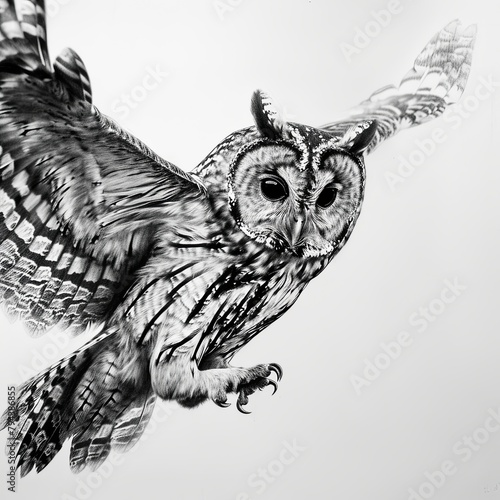 Tawny Owl Bird Pencil Sketch Handdrawn Black and White Illustration