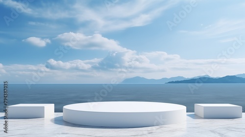 White marble podium display for product presentation, summer beach with blue sea and sky background.