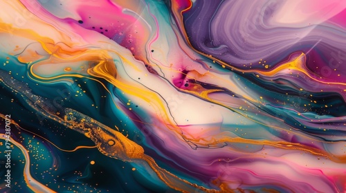 Mesmerizing abstract fluid art composition with swirling colors and golden accents  