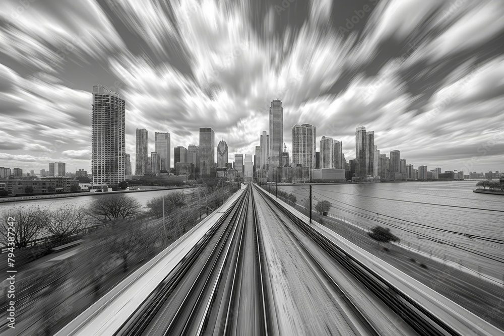Black and white long exposure of a railroad track with a city in the distance.