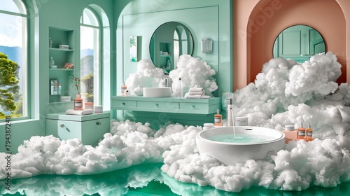 Bathroom with bathtub and sink surrounded by cotton-like clouds