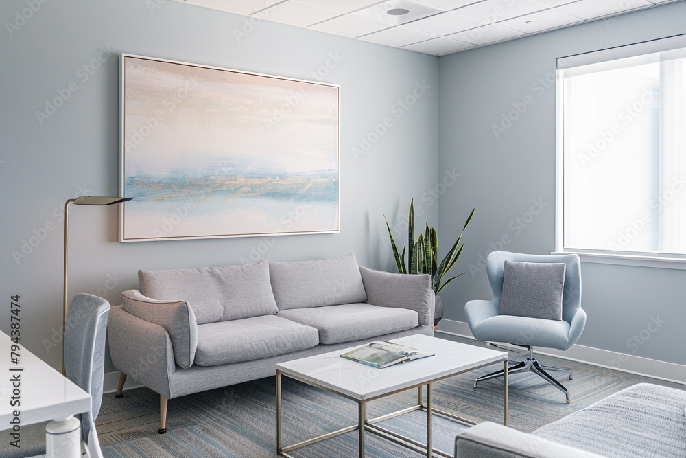 Fototapeta premium Soft, muted tones create a tranquil atmosphere in a contemporary office space, punctuated by a pristine white frame hinting at the potential for boundless creativity.