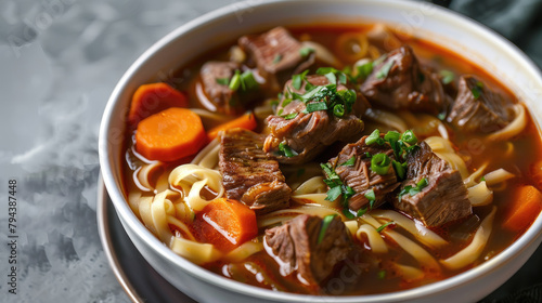Beef noodle soup with tender chunks of beef, carrots, and noodles in white bowl on grey concrete background.