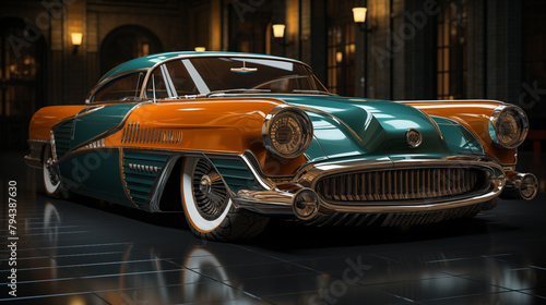 Retro style car in motion, chrome shining, wheels spinning. Retro style car captures the spirit of its age. Driving the retro style car is like traveling through time © Dmitrijs