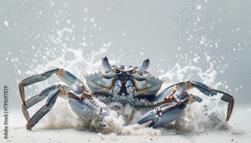 A blue crab emerges from the sand on the beach. photo