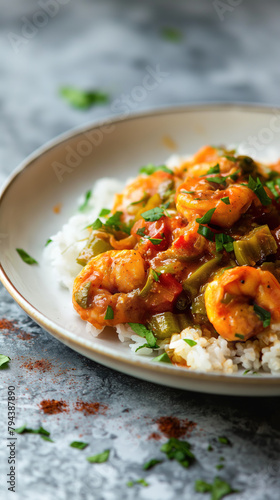 a plate of traditional new orleans shrimps and green bell peppers in red sauce over rice, side view, low angle shot food photography