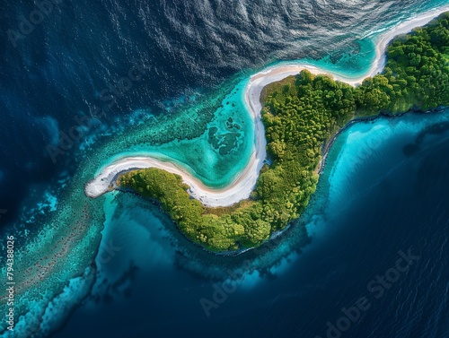 Aerial shot of a lush tropical island surrounded by vibrant turquoise waters. © Jan