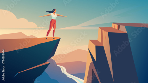 A woman stands on the edge of a towering cliff her arms outstretched as she prepares to base jump into the unknown below. With each leap she photo