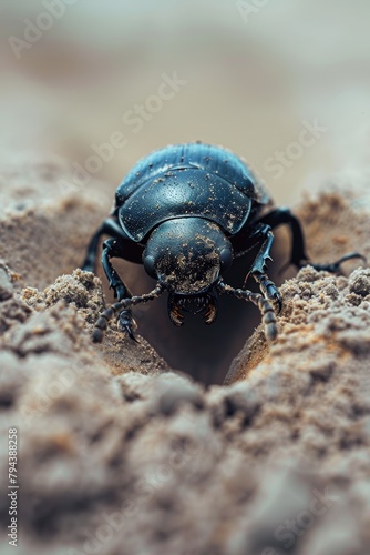 A close up of a black beetle digging a hole in the sand.
