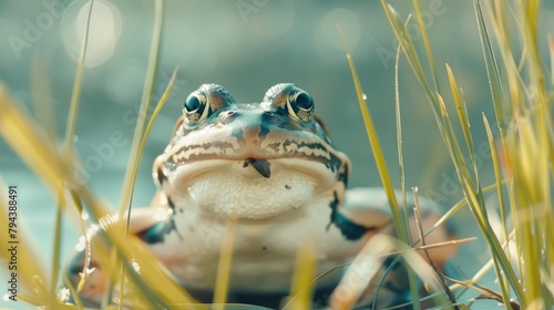 A close up of a frog with a fly in its mouth photo