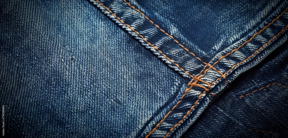 Close-up of denim fabric with orange stitching. Close-up of denim fabric with orange stitching.