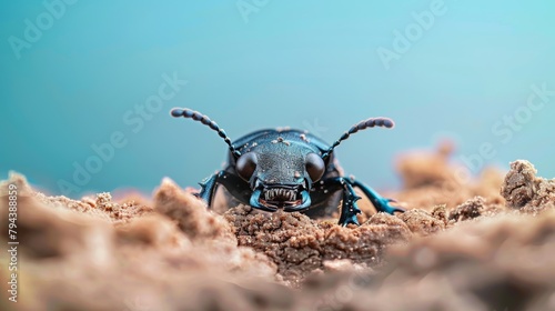 A closeup photograph of a black beetle with blue and purple iridescent highlights on its back and pincers © Nattanon