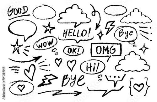 Set of comic speech bubbles with chalk texture in doodle effect and words hello wow bye omg hi ok good hand drawn for design in fun visual presentations with Crayon texture pencil effect. vector