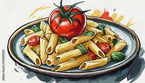 ilustración plato de macarrones con tomate