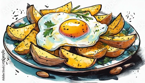 ilustración plato de huevo frito con patatas