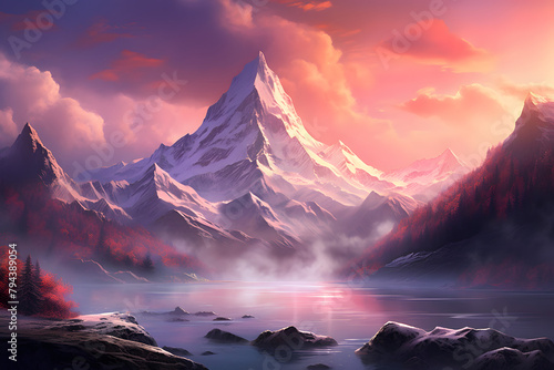 mountain at sunset, illustrated mountain with purple sunset