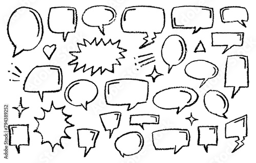 Set of comic speech bubbles with chalk texture on black hand drawn doodle effect for design in visual fun presentations with Crayon texture pencil effect. vector illustration