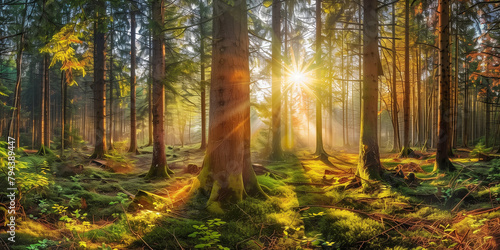 Die Sonne scheint durch große majestätische Eiche, Panorama Format