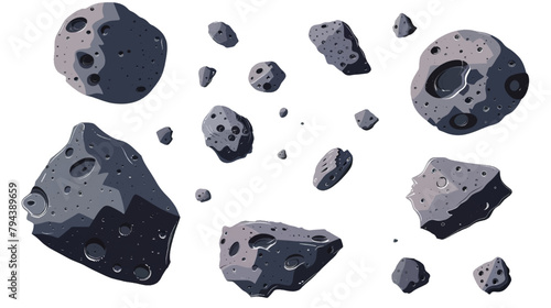 Collection of meteorites of various sizes isolated on white background - a view of the cosmic world