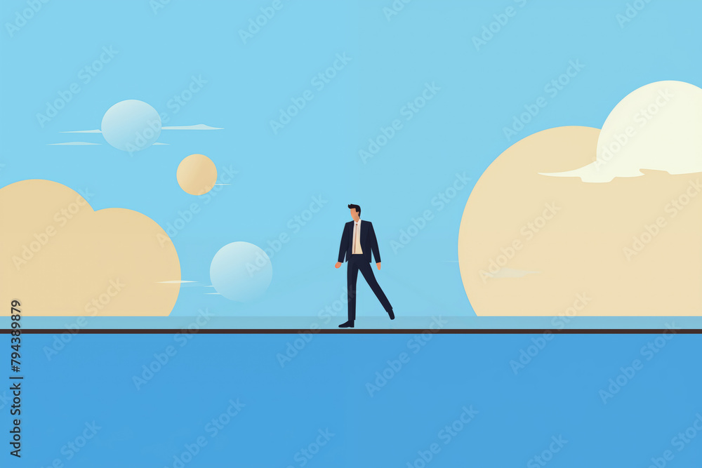 Business graphic vector modern style illustration of a business person balancing on a tight rope dangerous walking precarious fall falling failing unsure gamble Business graphic vector modern style illustration of a business person balancing on a tight rope dangerous walking precarious fall falling failing unsure gamble