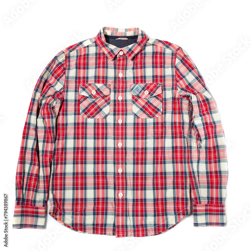 Men's casual red check long-sleeved shirt on white background